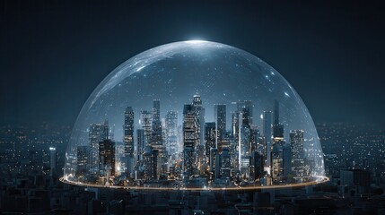 A virtual city shielded by a dome representing the NIS2 Directive and Cyber Resilience Act. This dome ensures the safety and security of the city, like an umbrella protecting it.