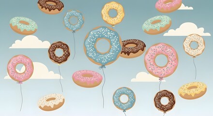 Sweet and Whimsical Donut Balloons Floating in a Clear Blue Sky with Fluffy Clouds - Playful Dessert Illustration