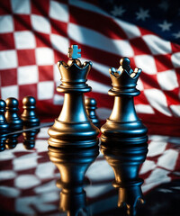 Naklejka premium Chess pieces on a chessboard with an american flag backdrop