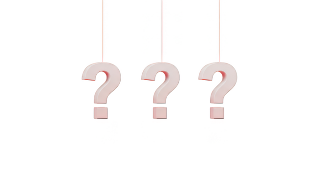 Pink question marks dangle in darkness