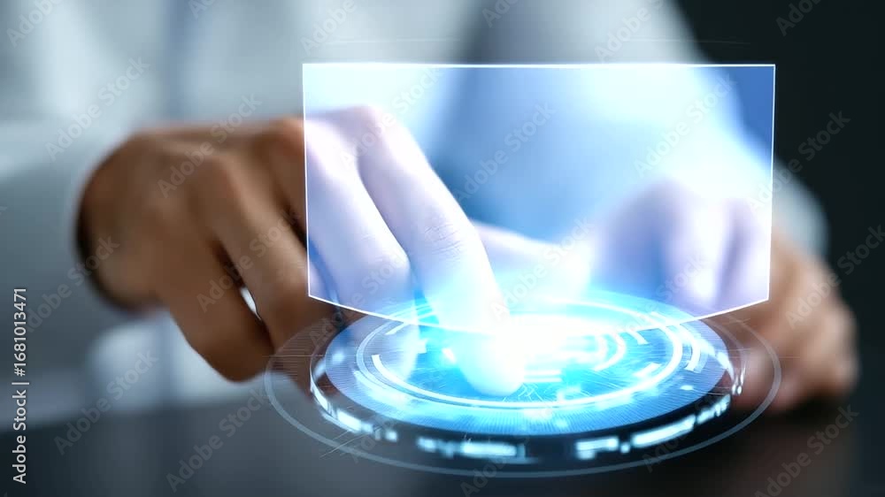Poster team of professionals works on futuristic ai system with interactive holographic display and user en