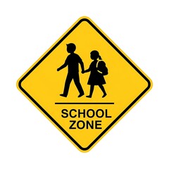 Bright yellow school zone sign with children crossing encourages safety and awareness, perfect for educational materials, road safety campaigns, and community outreach
