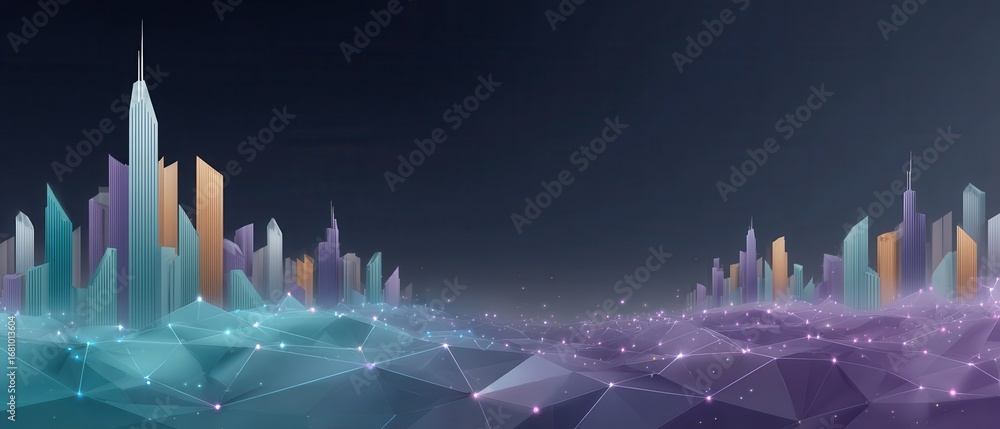 Poster abstract futuristic city skyline illustration with glowing elements and geometric patterns in vector