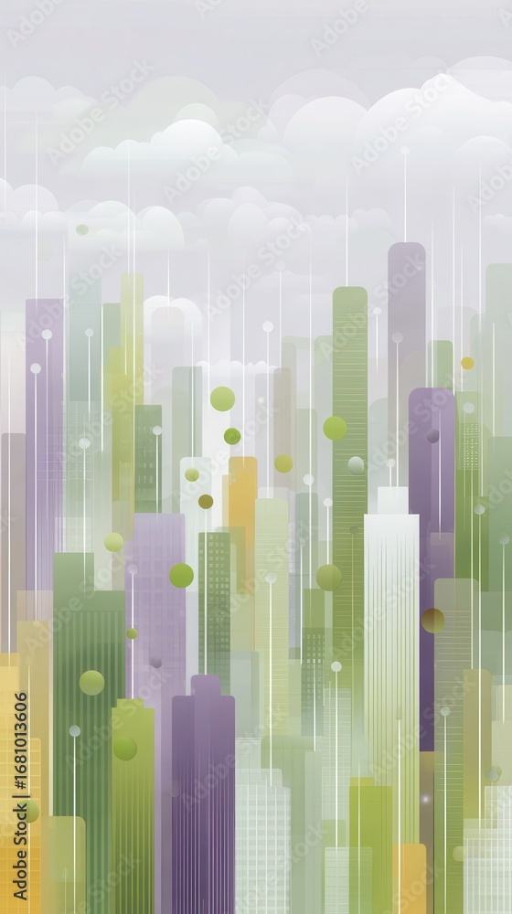 Aufkleber futuristic abstract city skyline illustration with floating data elements and soft cloudy background