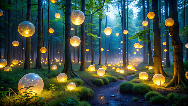 Glowing magical orbs floating in night forest fantasy particles background for enchanted design mystical concept and creative art