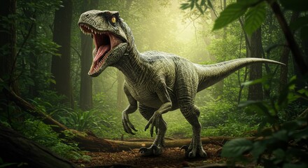 Sunlit Predator - A Roaring Dinosaur Amidst Dense Jungle Foliage.