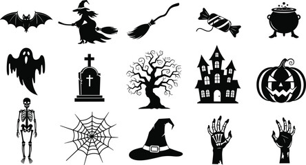 Halloween, icons, silhouette, bat, witch, broom, candy, cauldron, ghost, gravestone, tree, haunted house, pumpkin, skeleton, spider web, hat, hand, spooky, vector, set