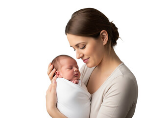 A mother lovingly gazes at her newborn baby, cradling him in her arms with tenderness. The baby, swaddled in a white blanket, sleeps peacefully