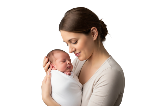 A mother lovingly gazes at her newborn baby, cradling him in her arms with tenderness. The baby, swaddled in a white blanket, sleeps peacefully