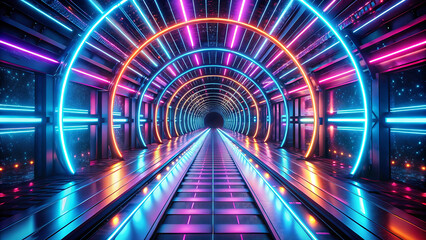 Glowing neon tunnel stretching into infinity futuristic digital background sci fi technology design and creative cyber concept
