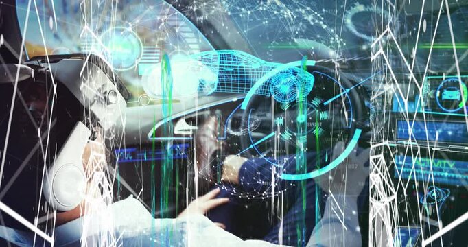 Screens of network of connections and data processing over man wearing a vr headset driving a car