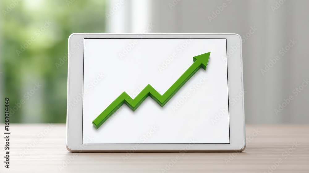 Poster green arrow increasing trend on digital tablet displaying growth and success in business analysis an