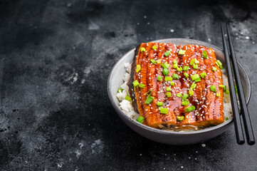 Unagi don, Unagidon Japanese grilled eel with rice in a bowl. black background. top view