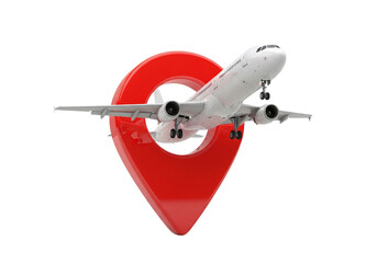 An airplane is flying around a location symbol, representing travel or destination, conveying concepts such as travel, tourism, or a journey