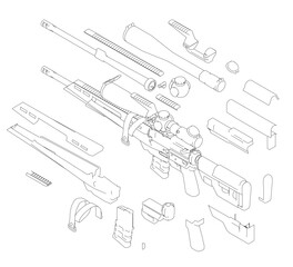 Modern sniper rifle contour drawing with labeled parts including scope, barrel, and stock.