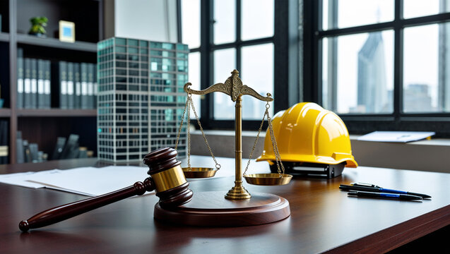 Building blueprint with judge gavel and helmet symbolizing construction law