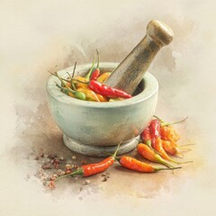 Watercolor Mortar and Pestle with Chili Peppers &ndash; Traditional Thai Kitchen Art