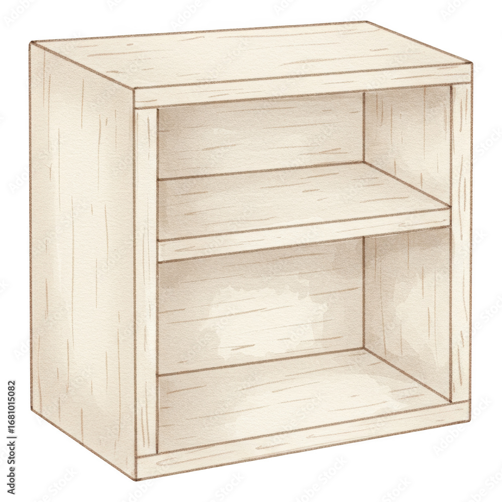 Poster a simple wooden shelf unit with two open compartments rendered in a watercolor style transparent bac