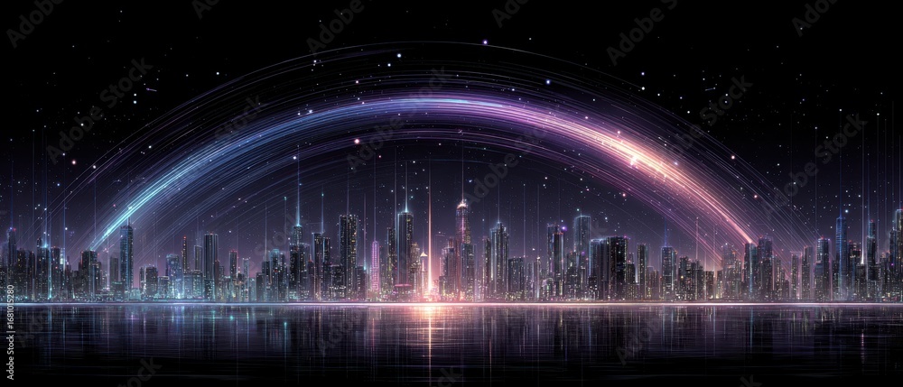 Poster futuristic abstract city skyline with glowing elements and holographic display in a hyper-realistic 