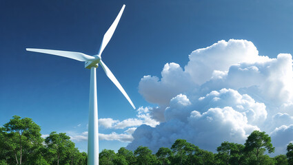 Renewable wind energy with turbines, green fields, and bright blue sky