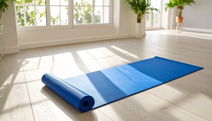 A blue yoga mat partially unrolled on a sunlit wooden floor in a bright, empty room, ready for exercise.