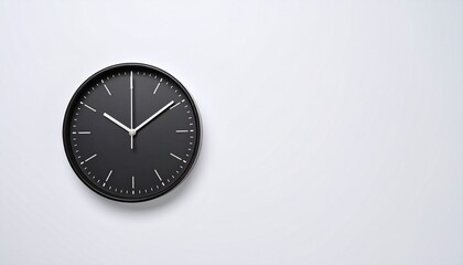 A modern black clock displaying time against a plain white background, minimalist design.