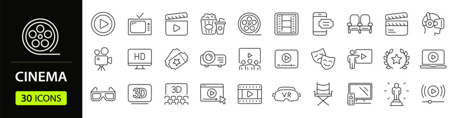 Cinema set of web icons in line style. Movie and Film linear icon collection. Containing video, movie theater, 3d, vr, popcorn, ticket, director, soundtrack and more. Editable stroke