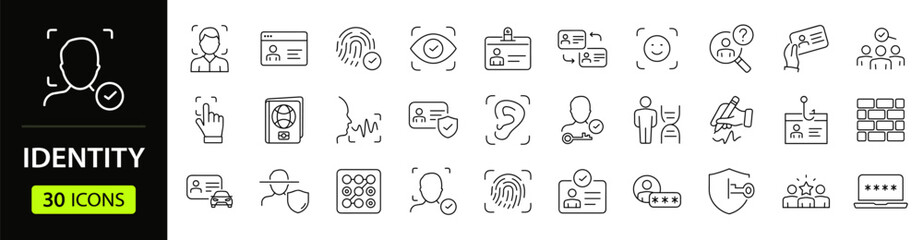 Identity set of web icons in line style. Authentication linear icons collection. Containing  identification, passport, biometric, ID card, fingerprint, DNA. Editable stroke
