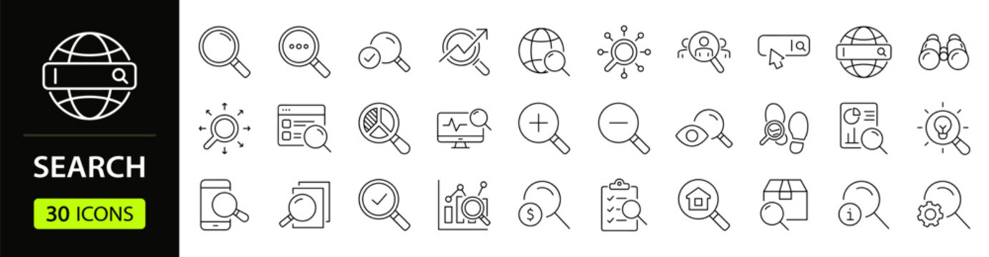 Search set of web icons in line style. Magnifying glass linear icon collection. Containing SEO, Digital marketing, data analysis, management, investigate, find and more. Editable stroke