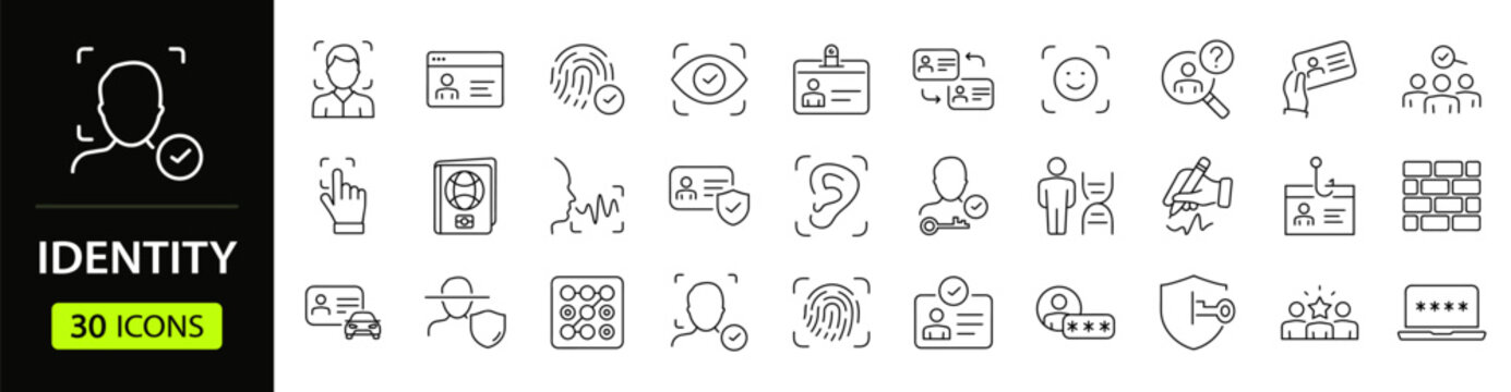 Identity set of web icons in line style. Authentication linear icons collection. Containing  identification, passport, biometric, ID card, fingerprint, DNA. Editable stroke