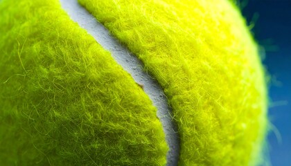 A detailed macro shot of a fuzzy yellow tennis ball with its white seam against a blue background.