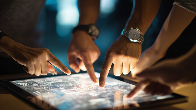 Hands Collaborating on a Digital Touchscreen in a Teamwork Concept