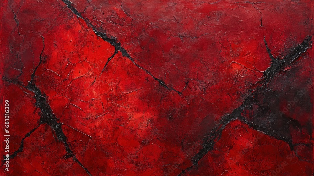 Poster an abstract painting featuring a vibrant red background with textured black cracks, creating a strik
