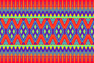 abstract seamless pattern
A seamless tribal-inspired pixel-art pattern featuring horizontal bands of nested diamond shapes, zigzag motifs, and ornamental crosses in vibrant red, blue, turquoise, 