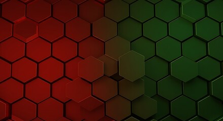 Abstract futuristic background with a red and green hexagonal grid pattern representing duality and technological contrast