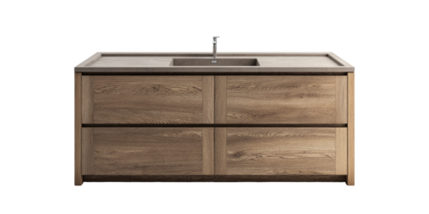 Light brown wood vanity with integrated sink