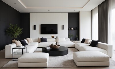 Modern living room design featuring white sectional sofa, minimalist decor, and black accent wall elements