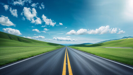 Fototapeta premium Long asphalt road through green grass field under blue sky, travel and freedom concept