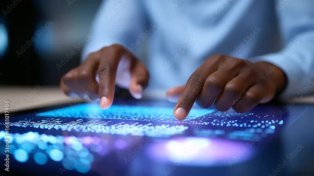 Poster team of professionals explores market trends through an advanced holographic interface, using data v