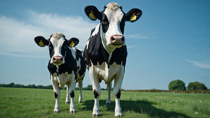 Farm cow grazing on green grass field, black pied livestock animal in nature pasture
