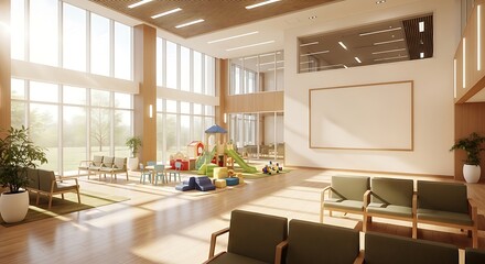 A bright and spacious waiting room with large windows, comfortable seating, and a children's play area.