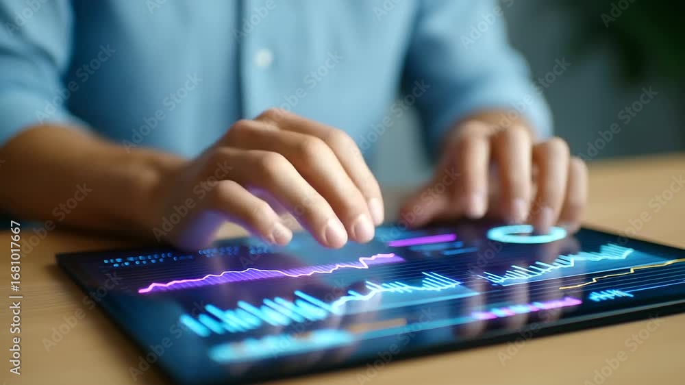 Poster data analysts monitors real-time kpis on business intelligence dashboard, viewing charts, graphs, an