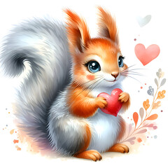Adorable Watercolor Illustration of a Fluffy Squirrel Holding a Red Heart