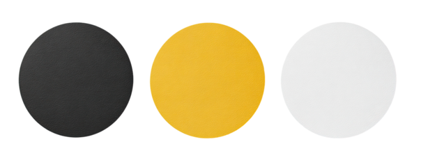 Three circular shapes in black, yellow, and white