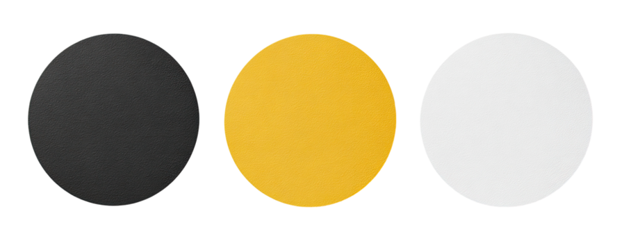 Three circular shapes in black, yellow, and white