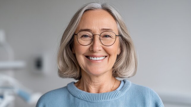 Happy senior woman with glasses smiling at the camera in modern interior space, showcasing warmth and confidence, perfect for healthcare or lifestyle themes - Powered by Adobe