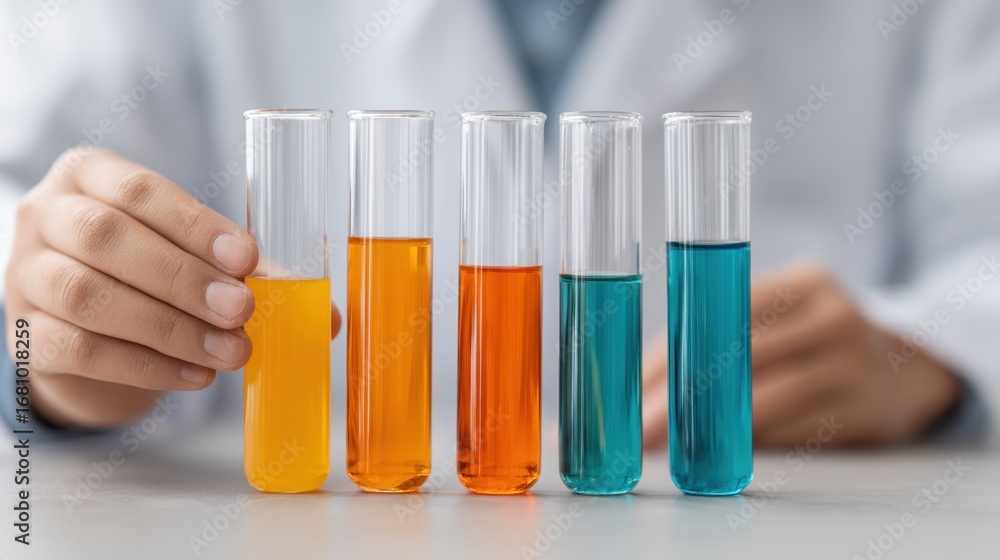 Poster laboratory experiment with test tubes filled with colorful liquid in science research for chemistry 