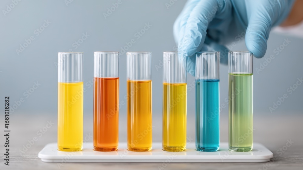 Poster hands in gloves arranging test tubes with different colored liquids on a lab table showcasing scient