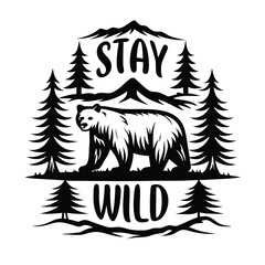 Black Bear Walking Silhouette with Trees and Mountains Stay Wild on white background