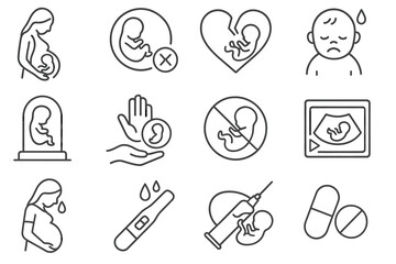 Pregnancy and miscarriage icons: maternity, fetus, ultrasound, emotions, medical